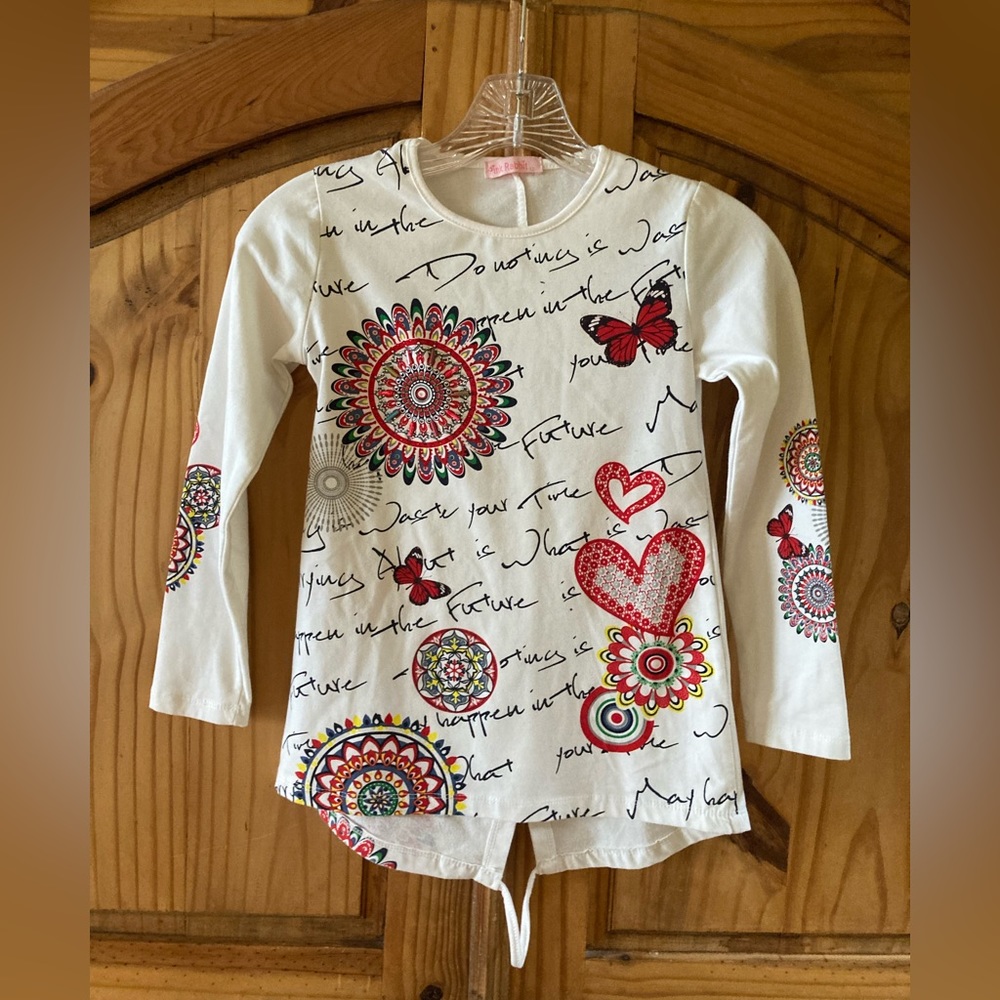 Girls Pink Rabbit long sleeve white red beaded hearth butterfly shirt size 10